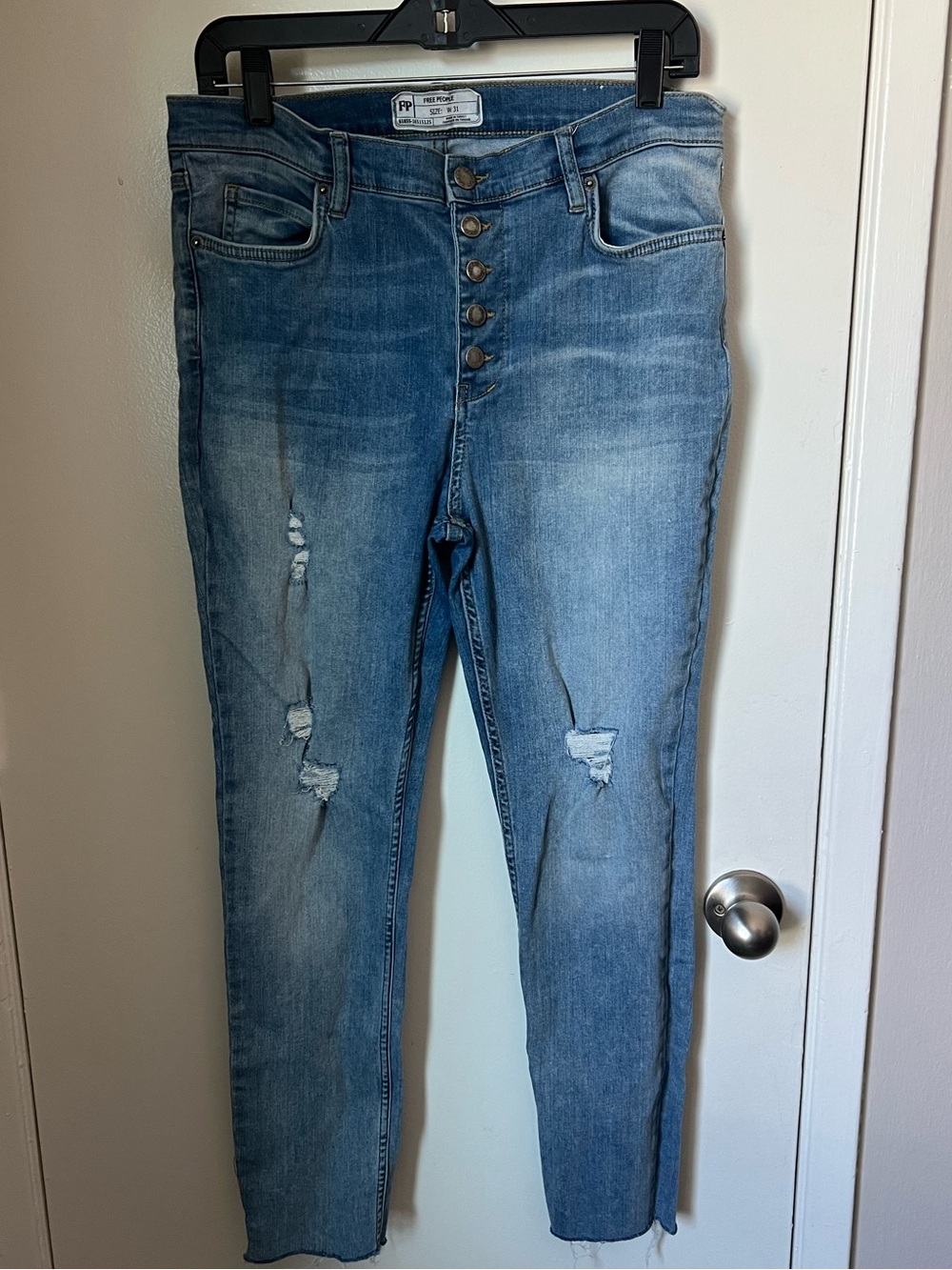 Free People Button-Fly Distressed Ankle Jeans - Light Blue